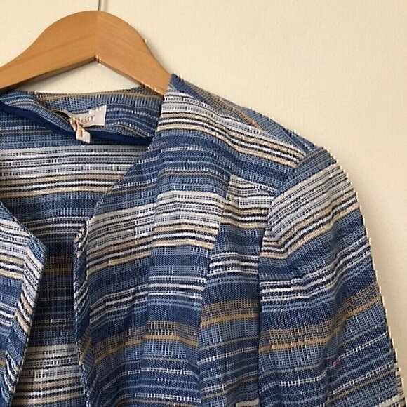 LAUNDRY BY SHELLI SEGAL Blue White Tan Striped Tweed Open Front Blazer Jacket 14 - Picture 5 of 11